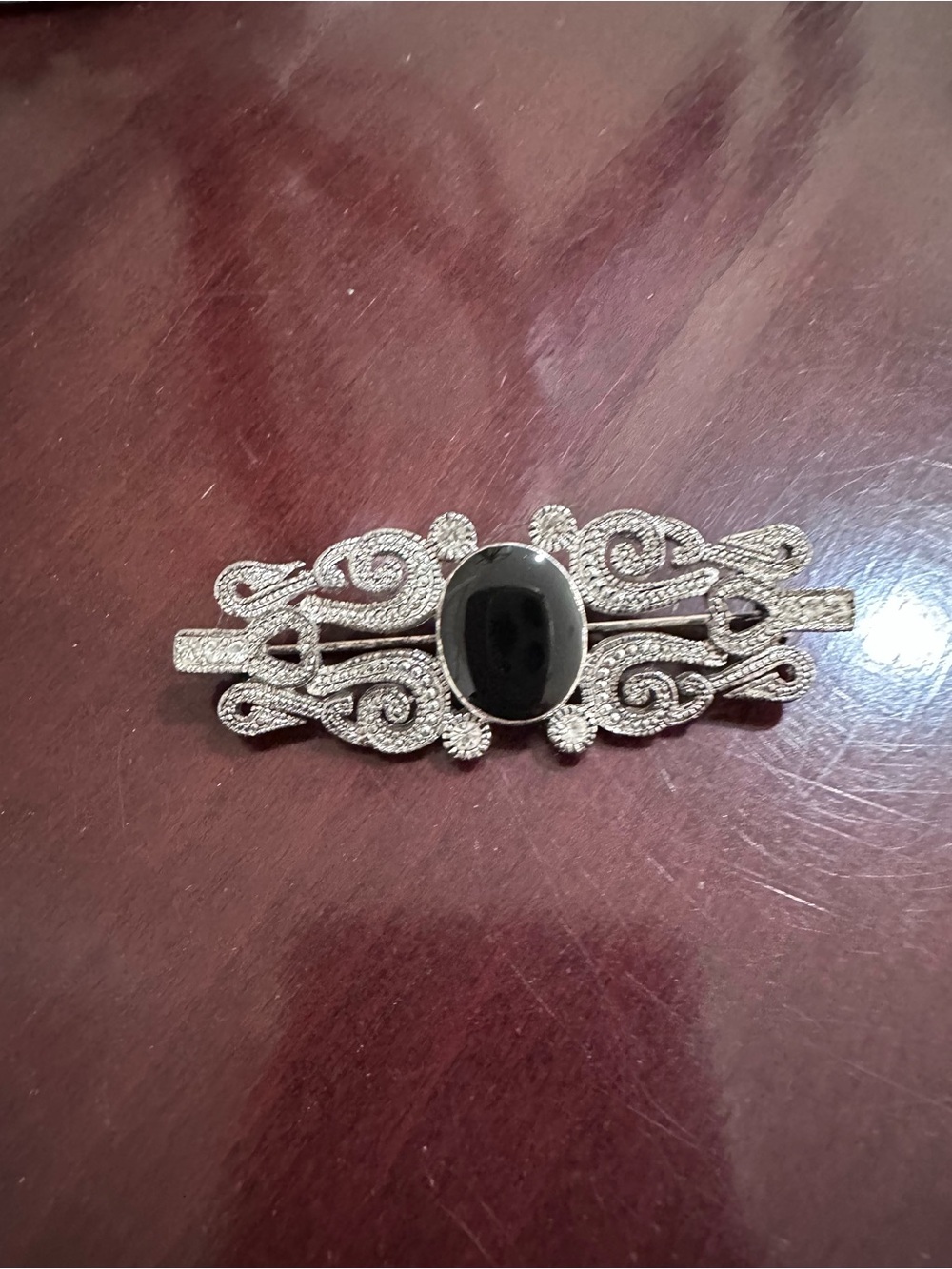 Silver Filigree Bar Brooch with Onyx